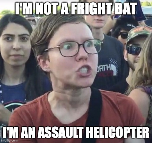 Fright bat takes flight | I'M NOT A FRIGHT BAT; I'M AN ASSAULT HELICOPTER | image tagged in triggered feminist,frightbat,head explosion,battleaxe | made w/ Imgflip meme maker