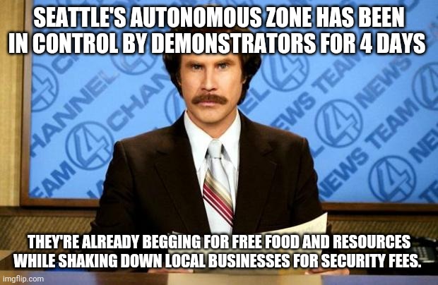 Nice strategy... | SEATTLE'S AUTONOMOUS ZONE HAS BEEN IN CONTROL BY DEMONSTRATORS FOR 4 DAYS; THEY'RE ALREADY BEGGING FOR FREE FOOD AND RESOURCES WHILE SHAKING DOWN LOCAL BUSINESSES FOR SECURITY FEES. | image tagged in breaking news,seattle,antifa,terrorism,starve yourselves | made w/ Imgflip meme maker