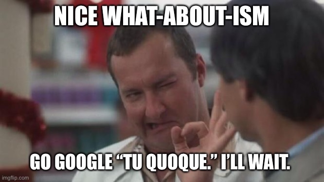 It’s a logical fallacy where you answer a question with a question about something else | NICE WHAT-ABOUT-ISM; GO GOOGLE “TU QUOQUE.” I’LL WAIT. | image tagged in real nice - christmas vacation | made w/ Imgflip meme maker
