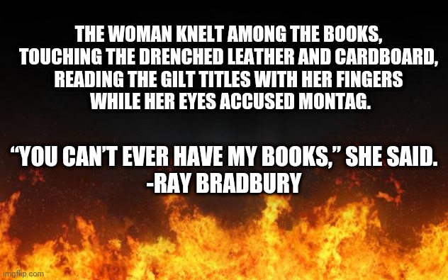 fire | THE WOMAN KNELT AMONG THE BOOKS, 
TOUCHING THE DRENCHED LEATHER AND CARDBOARD, 
READING THE GILT TITLES WITH HER FINGERS 
WHILE HER EYES ACCUSED MONTAG. “YOU CAN’T EVER HAVE MY BOOKS,” SHE SAID.
-RAY BRADBURY | image tagged in fire | made w/ Imgflip meme maker