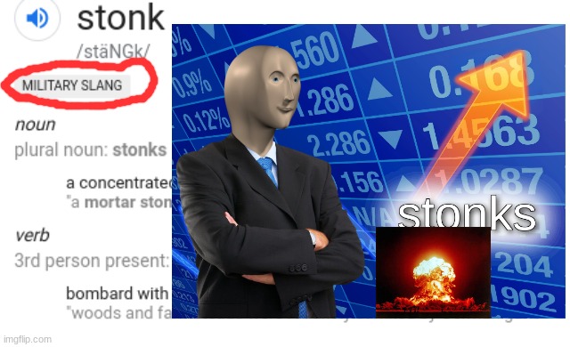 STONKS IS A REAL WORD | image tagged in stonks,dictionary,military,nuclear explosion | made w/ Imgflip meme maker