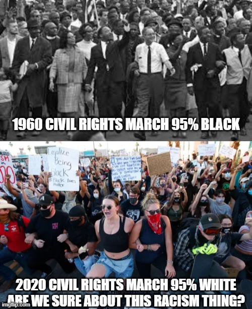 1960 CIVIL RIGHTS MARCH 95% BLACK; 2020 CIVIL RIGHTS MARCH 95% WHITE
ARE WE SURE ABOUT THIS RACISM THING? | image tagged in no racism | made w/ Imgflip meme maker
