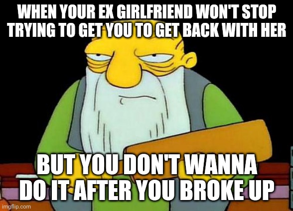 I've had enough of it | WHEN YOUR EX GIRLFRIEND WON'T STOP TRYING TO GET YOU TO GET BACK WITH HER; BUT YOU DON'T WANNA DO IT AFTER YOU BROKE UP | image tagged in memes,that's a paddlin',relationships | made w/ Imgflip meme maker