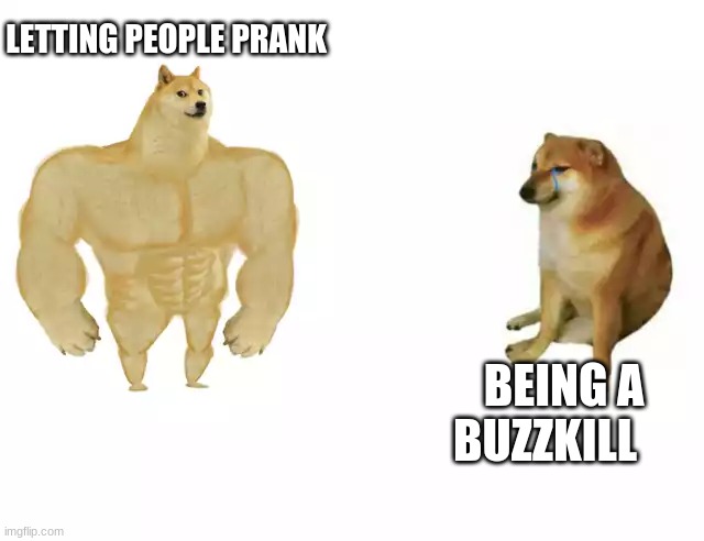 Buff Doge vs. Cheems Meme | LETTING PEOPLE PRANK; BEING A BUZZKILL | image tagged in buff doge vs cheems | made w/ Imgflip meme maker