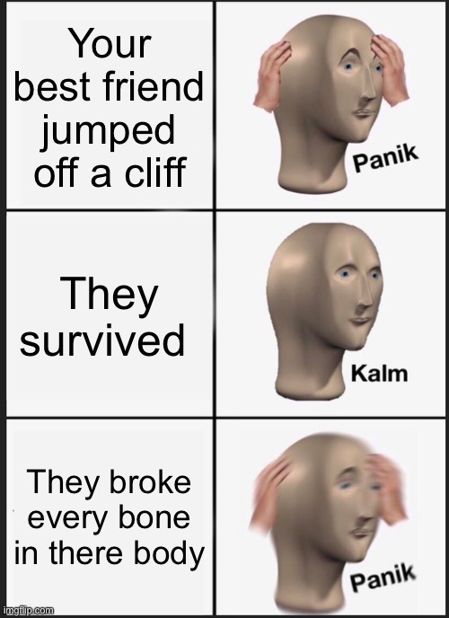 Oh no | Your best friend jumped off a cliff; They survived; They broke every bone in there body | image tagged in memes,panik kalm panik | made w/ Imgflip meme maker