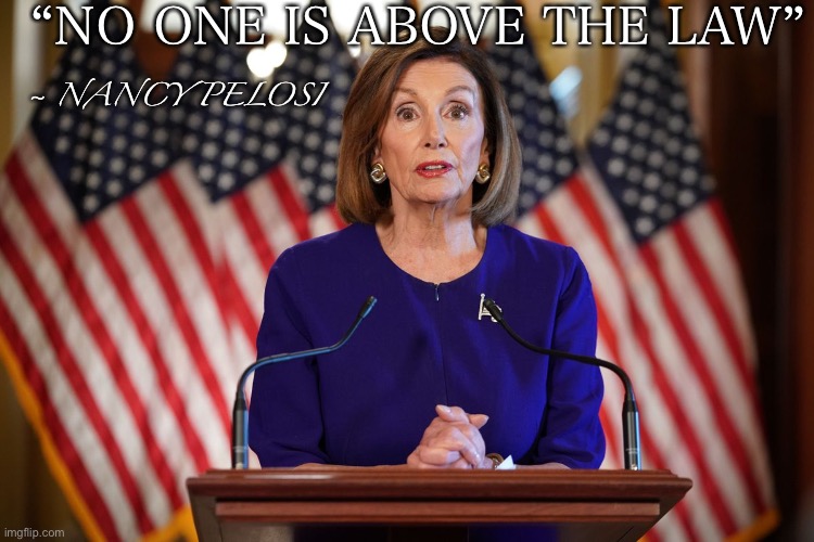 What She Said | “NO ONE IS ABOVE THE LAW”; ~ NANCY PELOSI | image tagged in the truth | made w/ Imgflip meme maker