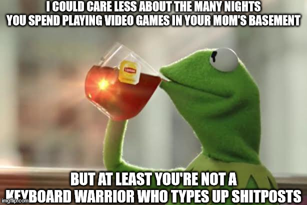 I COULD CARE LESS ABOUT THE MANY NIGHTS YOU SPEND PLAYING VIDEO GAMES IN YOUR MOM'S BASEMENT; BUT AT LEAST YOU'RE NOT A KEYBOARD WARRIOR WHO TYPES UP SHITPOSTS | image tagged in shitpost | made w/ Imgflip meme maker
