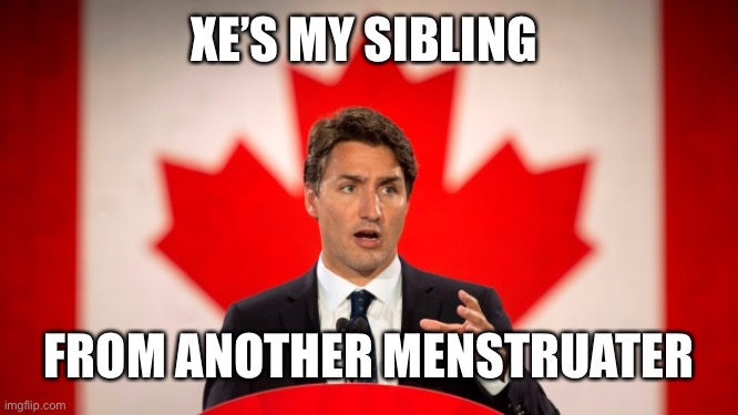 Justin Trudeau | XE’S MY SIBLING FROM ANOTHER MENSTRUATER | image tagged in justin trudeau | made w/ Imgflip meme maker