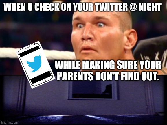 Watch out watch out.. damn hide it | WHEN U CHECK ON YOUR TWITTER @ NIGHT; WHILE MAKING SURE YOUR PARENTS DON'T FIND OUT. | image tagged in randy orton | made w/ Imgflip meme maker