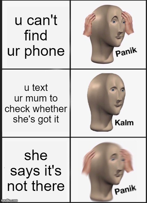 Wow smort | u can't find ur phone; u text ur mum to check whether she's got it; she says it's not there | image tagged in memes,panik kalm panik | made w/ Imgflip meme maker