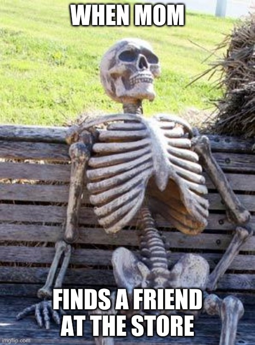 Waiting | WHEN MOM; FINDS A FRIEND AT THE STORE | image tagged in memes,waiting skeleton | made w/ Imgflip meme maker