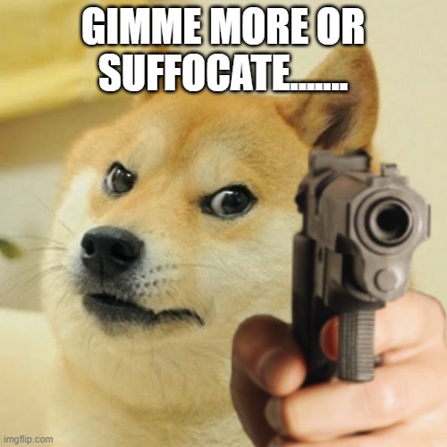 Doge holding a gun | GIMME MORE OR SUFFOCATE....... | image tagged in doge holding a gun | made w/ Imgflip meme maker