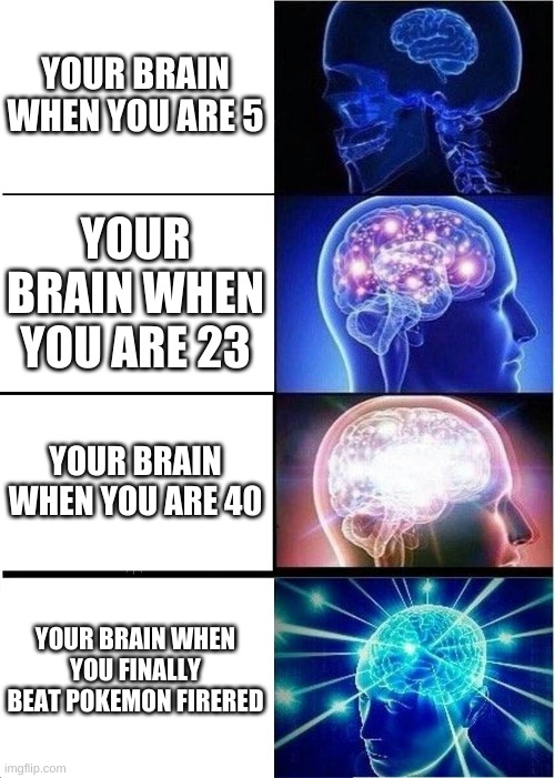 Brain: Young to Old | YOUR BRAIN WHEN YOU ARE 5; YOUR BRAIN WHEN YOU ARE 23; YOUR BRAIN WHEN YOU ARE 40; YOUR BRAIN WHEN YOU FINALLY BEAT POKEMON FIRERED | image tagged in pokemon | made w/ Imgflip meme maker