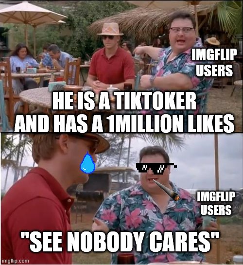 tiktok is not good :) | IMGFLIP USERS; HE IS A TIKTOKER AND HAS A 1MILLION LIKES; IMGFLIP USERS; "SEE NOBODY CARES" | image tagged in memes,see nobody cares | made w/ Imgflip meme maker