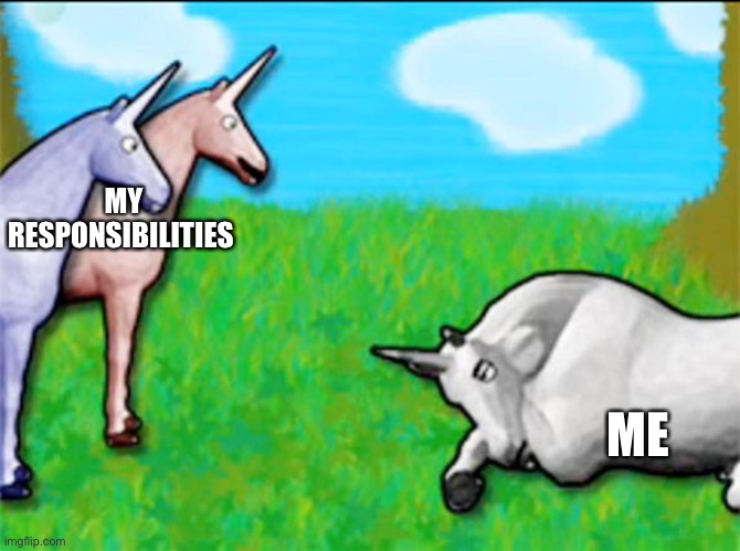 Charlie! Charlie! Charlie! Charlie! WHAT, WHAT DO YOU WANT! We’re on a bridge Charlie... | MY RESPONSIBILITIES; ME | image tagged in charlie the unicorn,love,favorites,unicorns | made w/ Imgflip meme maker