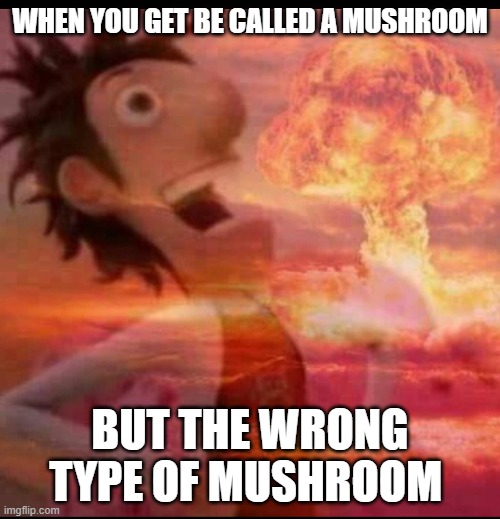MushroomCloudy | WHEN YOU GET BE CALLED A MUSHROOM; BUT THE WRONG TYPE OF MUSHROOM | image tagged in mushroomcloudy | made w/ Imgflip meme maker