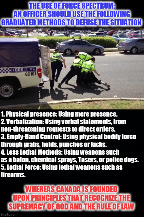 Excessive Force | THE USE OF FORCE SPECTRUM:
AN OFFICER SHOULD USE THE FOLLOWING
GRADUATED METHODS TO DEFUSE THE SITUATION; 1. Physical presence: Using mere presence.

2. Verbalization: Using verbal statements, from
non-threatening requests to direct orders.

3. Empty-Hand Control: Using physical bodily force
through grabs, holds, punches or kicks. 4. Less Lethal Methods: Using weapons such as a baton, chemical sprays, Tasers, or police dogs.






5. Lethal Force: Using lethal weapons such as 



firearms. WHEREAS CANADA IS FOUNDED UPON PRINCIPLES THAT RECOGNIZE THE SUPREMACY OF GOD AND THE RULE OF LAW | image tagged in police brutality,law and order,systemic gov | made w/ Imgflip meme maker