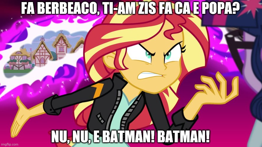 Reclama Altex cu Batman (editia Micul meu ponei Fetele Eqvestriei) | FA BERBEACO, TI-AM ZIS FA CA E POPA? NU, NU, E BATMAN! BATMAN! | image tagged in memes,my little pony,equestria girls,sunset shimmer,twilight sparkle,funny | made w/ Imgflip meme maker