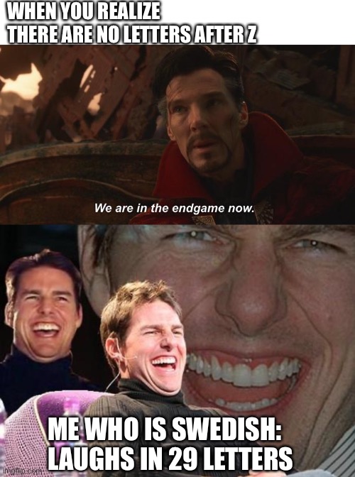 I’m glad I was born in Sweden | WHEN YOU REALIZE THERE ARE NO LETTERS AFTER Z; ME WHO IS SWEDISH: LAUGHS IN 29 LETTERS | image tagged in we are in the endgame now | made w/ Imgflip meme maker