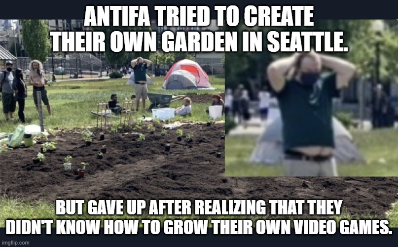 FAIL | ANTIFA TRIED TO CREATE THEIR OWN GARDEN IN SEATTLE. BUT GAVE UP AFTER REALIZING THAT THEY DIDN'T KNOW HOW TO GROW THEIR OWN VIDEO GAMES. | image tagged in antifa,gardening,seattle | made w/ Imgflip meme maker