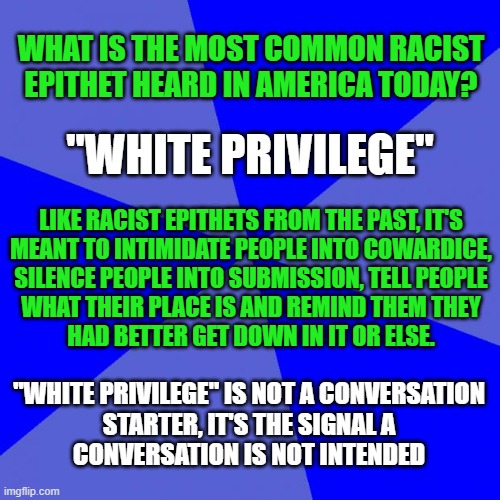 White Privilege | WHAT IS THE MOST COMMON RACIST EPITHET HEARD IN AMERICA TODAY? "WHITE PRIVILEGE"; LIKE RACIST EPITHETS FROM THE PAST, IT'S
MEANT TO INTIMIDATE PEOPLE INTO COWARDICE,
SILENCE PEOPLE INTO SUBMISSION, TELL PEOPLE
WHAT THEIR PLACE IS AND REMIND THEM THEY
HAD BETTER GET DOWN IN IT OR ELSE. "WHITE PRIVILEGE" IS NOT A CONVERSATION
STARTER, IT'S THE SIGNAL A
CONVERSATION IS NOT INTENDED | image tagged in racism,white privilege,silence,intimidate,conversation,submission | made w/ Imgflip meme maker