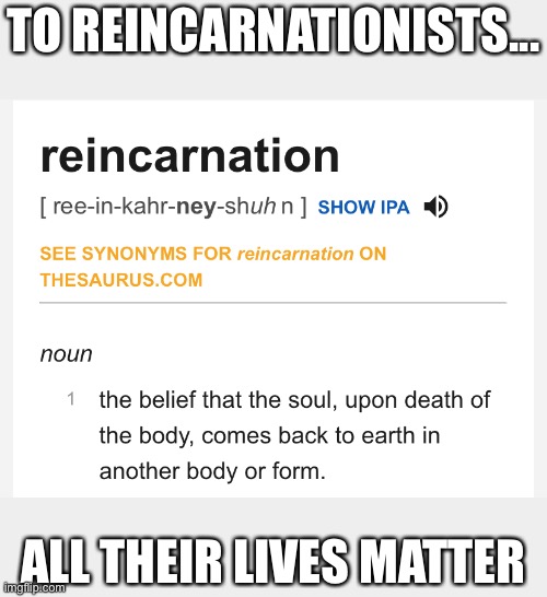 Reincarnation lives matter | TO REINCARNATIONISTS... ALL THEIR LIVES MATTER | image tagged in reincarnation lives matter | made w/ Imgflip meme maker