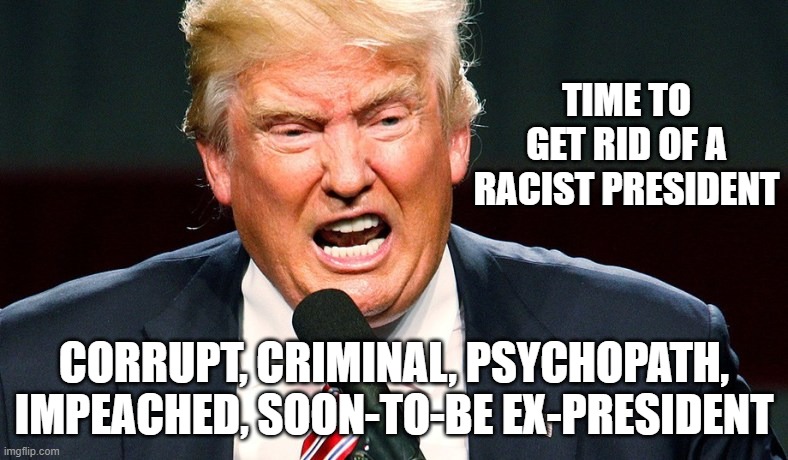 Racism is UnAmerican | TIME TO GET RID OF A RACIST PRESIDENT; CORRUPT, CRIMINAL, PSYCHOPATH, IMPEACHED, SOON-TO-BE EX-PRESIDENT | image tagged in racist,racism,criminal,corrupt,impeached,traitor | made w/ Imgflip meme maker