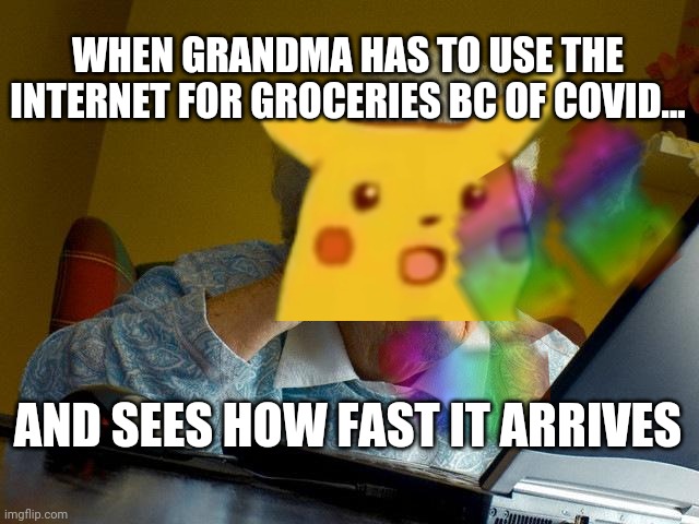 Man this is fast! | WHEN GRANDMA HAS TO USE THE INTERNET FOR GROCERIES BC OF COVID... AND SEES HOW FAST IT ARRIVES | image tagged in memes,grandma finds the internet | made w/ Imgflip meme maker