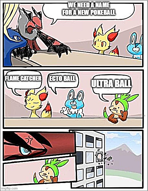 new pokeball | WE NEED A NAME FOR A NEW POKEBALL; FLAME CATCHER; ECTO BALL; ULTRA BALL | image tagged in pokemon board meeting | made w/ Imgflip meme maker