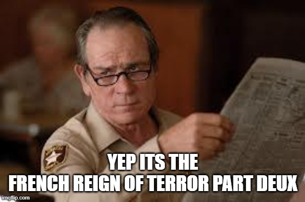 no country for old men tommy lee jones | YEP ITS THE FRENCH REIGN OF TERROR PART DEUX | image tagged in no country for old men tommy lee jones | made w/ Imgflip meme maker