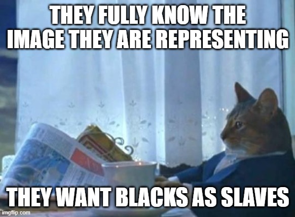 Cat newspaper | THEY FULLY KNOW THE IMAGE THEY ARE REPRESENTING THEY WANT BLACKS AS SLAVES | image tagged in cat newspaper | made w/ Imgflip meme maker