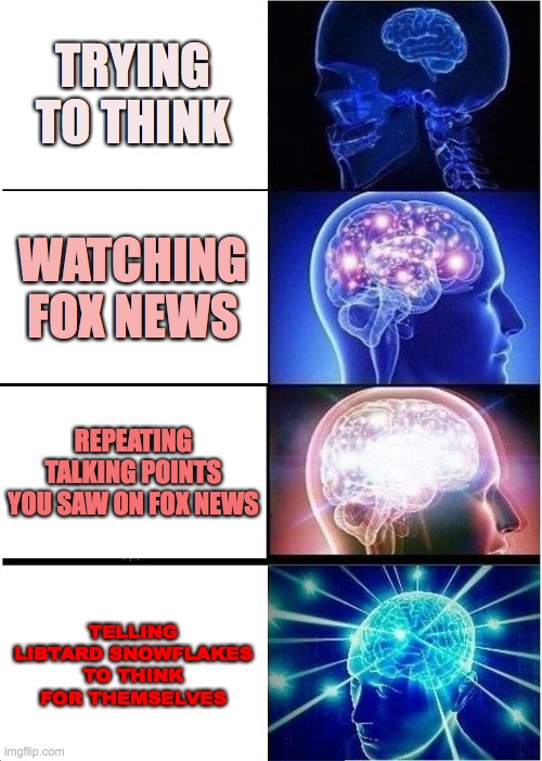 Expanding Brain Meme | TRYING TO THINK; WATCHING FOX NEWS; REPEATING TALKING POINTS YOU SAW ON FOX NEWS; TELLING LIBTARD SNOWFLAKES TO THINK FOR THEMSELVES | image tagged in memes,expanding brain,libtards,fox news,right wing,trump | made w/ Imgflip meme maker