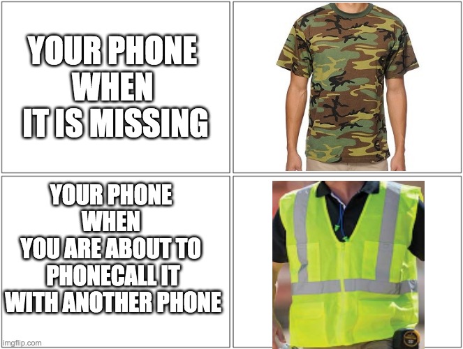 Blank Comic Panel 2x2 | YOUR PHONE 
WHEN 
IT IS MISSING; YOUR PHONE 
WHEN 
YOU ARE ABOUT TO 
PHONECALL IT WITH ANOTHER PHONE | image tagged in memes,relatable | made w/ Imgflip meme maker