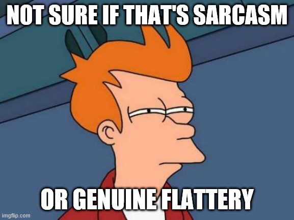 Futurama Fry | NOT SURE IF THAT'S SARCASM; OR GENUINE FLATTERY | image tagged in memes,futurama fry | made w/ Imgflip meme maker