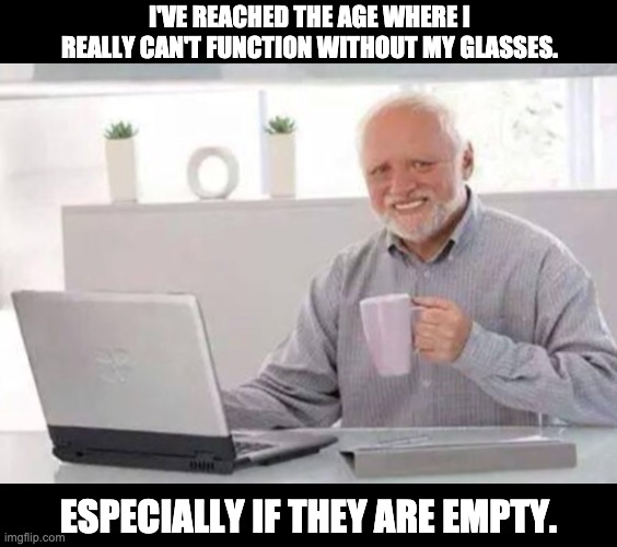 Harold | I'VE REACHED THE AGE WHERE I REALLY CAN'T FUNCTION WITHOUT MY GLASSES. ESPECIALLY IF THEY ARE EMPTY. | image tagged in harold | made w/ Imgflip meme maker