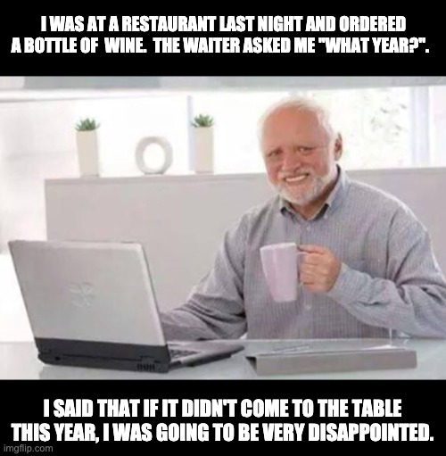Harold | I WAS AT A RESTAURANT LAST NIGHT AND ORDERED A BOTTLE OF  WINE.  THE WAITER ASKED ME "WHAT YEAR?". I SAID THAT IF IT DIDN'T COME TO THE TABLE THIS YEAR, I WAS GOING TO BE VERY DISAPPOINTED. | image tagged in harold | made w/ Imgflip meme maker