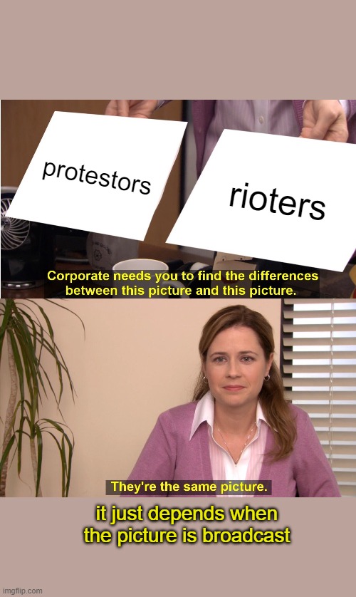 They're The Same Picture Meme | protestors rioters it just depends when the picture is broadcast | image tagged in memes,they're the same picture | made w/ Imgflip meme maker