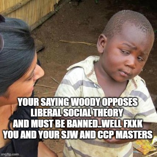 Third World Skeptical Kid Meme | YOUR SAYING WOODY OPPOSES LIBERAL SOCIAL THEORY  AND MUST BE BANNED..WELL FXXK YOU AND YOUR SJW AND CCP MASTERS | image tagged in memes,third world skeptical kid | made w/ Imgflip meme maker