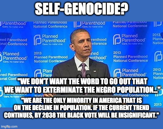 self-genocide | SELF-GENOCIDE? "WE DON’T WANT THE WORD TO GO OUT THAT WE WANT TO EXTERMINATE THE NEGRO POPULATION..."; "WE ARE THE ONLY MINORITY IN AMERICA THAT IS ON THE DECLINE IN POPULATION. IF THE CURRENT TREND CONTINUES, BY 2038 THE BLACK VOTE WILL BE INSIGNIFICANT." | image tagged in planned parenthood,obama,margaret sanger,black lives matter,genocide | made w/ Imgflip meme maker