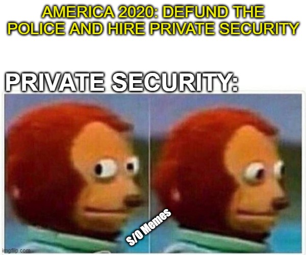 Private Security | AMERICA 2020: DEFUND THE POLICE AND HIRE PRIVATE SECURITY; PRIVATE SECURITY:; S/O Memes | image tagged in memes,monkey puppet | made w/ Imgflip meme maker