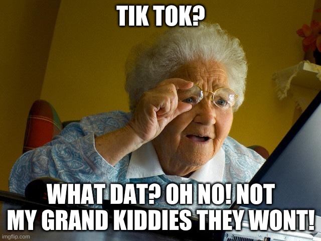 Grandma Finds The Internet Meme | TIK TOK? WHAT DAT? OH NO! NOT MY GRAND KIDDIES THEY WONT! | image tagged in memes,grandma finds the internet | made w/ Imgflip meme maker