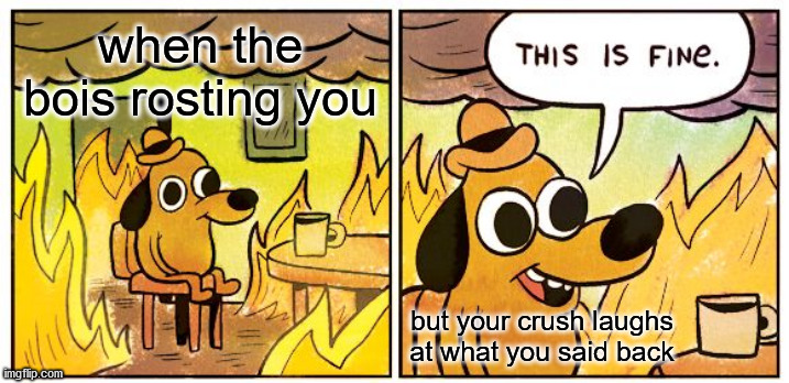 This Is Fine Meme | when the bois rosting you; but your crush laughs at what you said back | image tagged in memes,this is fine | made w/ Imgflip meme maker