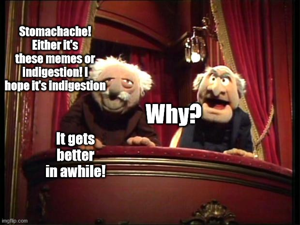 Statler and Waldorf | Stomachache! Either it's these memes or indigestion! I hope it's indigestion Why? It gets better in awhile! | image tagged in statler and waldorf | made w/ Imgflip meme maker