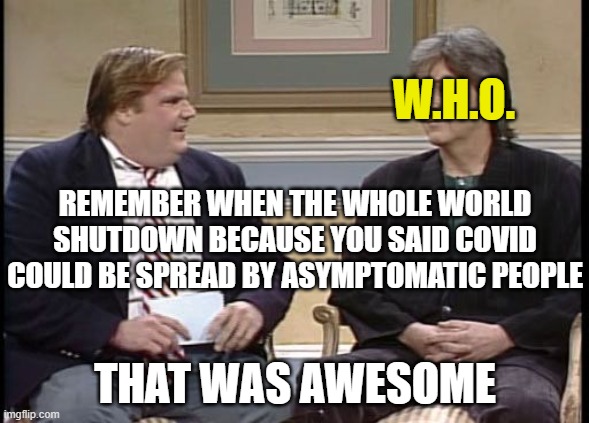 Chris Farley Show | W.H.O. REMEMBER WHEN THE WHOLE WORLD SHUTDOWN BECAUSE YOU SAID COVID COULD BE SPREAD BY ASYMPTOMATIC PEOPLE; THAT WAS AWESOME | image tagged in chris farley show | made w/ Imgflip meme maker