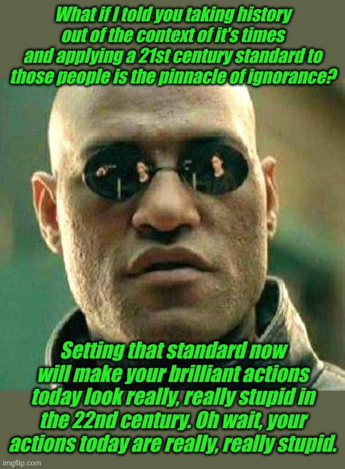 What if i told you | What if I told you taking history out of the context of it's times and applying a 21st century standard to those people is the pinnacle of ignorance? Setting that standard now will make your brilliant actions today look really, really stupid in the 22nd century. Oh wait, your actions today are really, really stupid. | image tagged in what if i told you | made w/ Imgflip meme maker