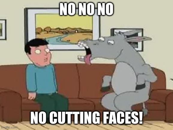 No no no Donkey, Family Guy | NO NO NO NO CUTTING FACES! | image tagged in no no no donkey family guy | made w/ Imgflip meme maker