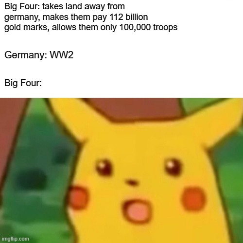 Surprised Pikachu | Big Four: takes land away from germany, makes them pay 112 billion gold marks, allows them only 100,000 troops; Germany: WW2; Big Four: | image tagged in memes,surprised pikachu | made w/ Imgflip meme maker