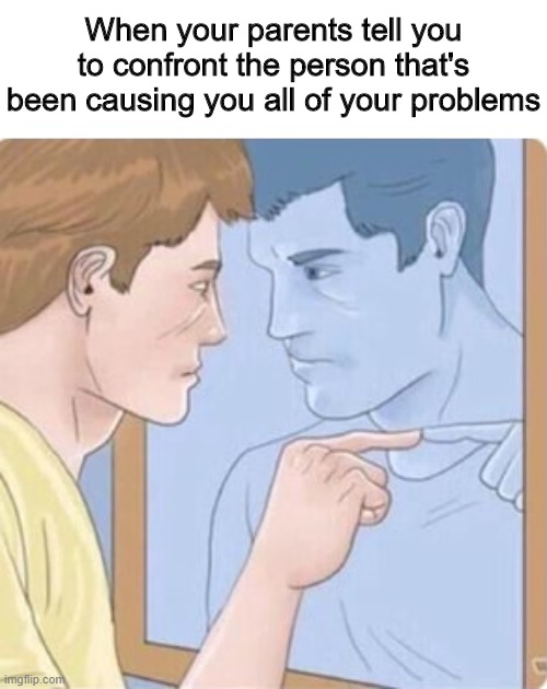 Mirror | When your parents tell you to confront the person that's been causing you all of your problems | image tagged in memes,funny,mirror,parents,problems | made w/ Imgflip meme maker