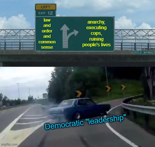Calling Democrats Leaders Is Like Calling Hitler a Good Guy | anarchy, executing cops, ruining people's lives; law and order and common sense; Democratic "leadership" | image tagged in memes,left exit 12 off ramp,democrats,morons,leadership,anarchy | made w/ Imgflip meme maker
