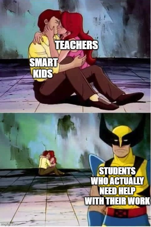 I could've used a better template for this meme | TEACHERS; SMART KIDS; STUDENTS WHO ACTUALLY NEED HELP WITH THEIR WORK | image tagged in sad wolverine left out of party,memes,funny,teacher,school | made w/ Imgflip meme maker
